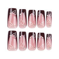 French Tip Press on Nails - Square Medium Long Brown Pink Heart Rhinestone False Nails - Women'S Glue on Acrylic Gel Stick on Glitter Fantasy Wedding Birthday